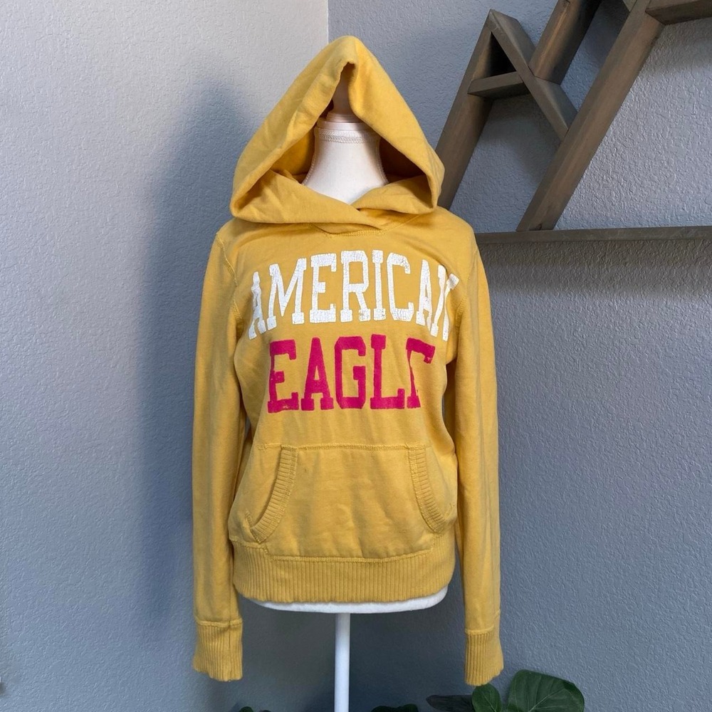 AMERICAN EAGLE YELLOW PULLOVER LONG SLEEVE HOODIE SPELLOUT Y2K SOFT GRUNGE